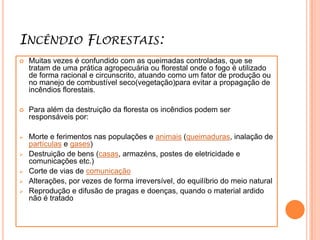 Incêndio Florestais:Muitas vezes é confundido com as queimadas controladas, que se tratam de uma prática agropecuária ou florestal onde o fogo é utilizado de forma racional e circunscrito, atuando como um fator de produção ou no manejo de combustível seco(vegetação)para evitar a propagação de incêndios florestais.Para além da destruição da floresta os incêndios podem ser responsáveis por:Morte e ferimentos nas populações e animais (queimaduras, inalação de partículas e gases)
