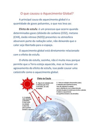 O que causou o Aquecimento Global?
    A principal causa do aquecimento global é a
quantidade de gases poluentes, o que nos leva ao:
     Efeito de estufa: é um processo que ocorre quando
determinados gases (dióxido de carbono (CO2), metano
(CH4), óxido nitroso (N2O)) presentes na atmosfera
absorvem parte da radiação solar, não deixando que o
calor seja libertado para o espaço.
    O aquecimento global está diretamente relacionado
com o efeito de estufa.
     O efeito de estufa, sozinho, não é muito mau porque
permite que a Terra esteja aquecida, mas se houver um
agravamento do efeito de estufa, isso pode causar uma
catástrofe como o aquecimento global.
 