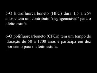 5-O hidrofluorcarboneto (HFC) dura 1,5 a 264
anos e tem um contributo "negligenciável" para o
efeito estufa.

6-O polifluorcarboneto (CFCs) tem um tempo de
duração de 50 a 1700 anos e participa em dez
por cento para o efeito estufa.
 