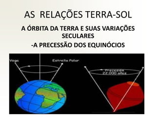 AS RELAÇÕES TERRA-SOL
A ÓRBITA DA TERRA E SUAS VARIAÇÕES
SECULARES
-A PRECESSÃO DOS EQUINÓCIOS
 
