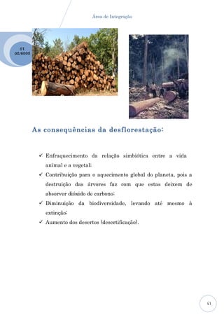 Área de Integração




  10
2009 /20




           As consequências da desflorestação:


             Enfraquecimento da relação simbiótica entre a vida
              animal e a vegetal;
             Contribuição para o aquecimento global do planeta, pois a
              destruição das árvores faz com que estas deixem de
              absorver dióxido de carbono;
             Diminuição da biodiversidade, levando até mesmo à
              extinção;
             Aumento dos desertos (desertificação).




                                                                          15
 