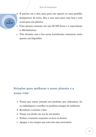 Área de Integração


             • É preciso um a dois anos para um cigarro ou uma pastilha
                  desaparecer da terra. Dez a cem anos para uma lata e cem
  10
2009 /20          a mil para um plástico.
             •    Uma piscina consome até une 80 000 litros e é equivalente
                  a 400 banheiras.
             •    Três divisões com a luz acesa inutilmente consomem tanto
                  quanto um frigorifico.




           Soluções para melhorar o nosso planeta e a
           nossa vida:


             1. Temos que tomar atenção aos produtos que utilizamos, ler
                  as embalagens e escolher os produtos amigos do ambiente.
             2. Reutilizar e reciclar o lixo;
             3. Tomar um duche em vez de um banho;
             4.   Fechar a torneira enquanto se lava os dentes;
             5.   Apagar a luz sempre que esta não seja necessária;


                                                                              15
 