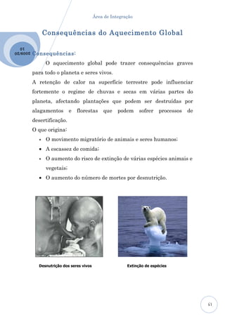 Área de Integração


                 Consequências do Aquecimento Global
  10
           Consequências:
2009 /20


                 O aquecimento global pode trazer consequências graves
           para todo o planeta e seres vivos.
           A retenção de calor na superfície terrestre pode influenciar
           fortemente o regime de chuvas e secas em várias partes do
           planeta, afectando plantações que podem ser destruídas por
           alagamentos       e   florestas     que    podem     sofrer    processos   de
           desertificação.
           O que origina:
             •   O movimento migratório de animais e seres humanos;
             • A escassez de comida;
             •   O aumento do risco de extinção de várias espécies animais e
                 vegetais;
             • O aumento do número de mortes por desnutrição.




             Desnutrição dos seres vivos                  Extinção de espécies




                                                                                           15
 