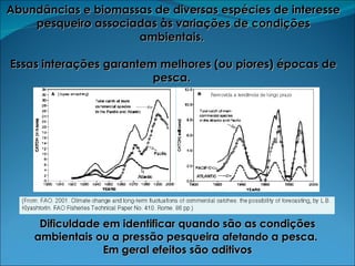 Abundâncias e biomassas de diversas espécies de interesse pesqueiro associadas às variações de condições ambientais.  Essas interações garantem melhores (ou piores) épocas de pesca.  Dificuldade em identificar quando são as condições ambientais ou a pressão pesqueira  afetando  a pesca.  Em geral efeitos são aditivos 
