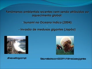 Fenômenos ambientais recentes vem sendo atribuídas ao aquecimento global:  tsunami  no Oceano Indíco (2004); - invasão de medusas gigantes (Japão)  afixe.weblog.com.pt Saturnattacks.com/2007/11/19/medusas-gigantes 
