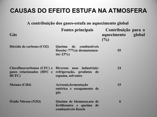 CAUSAS DO EFEITO ESTUFA NA ATMOSFERA
A contribuição dos gases-estufa ao aquecimento global
Gás
Fontes principais Contribuição para o
aquecimento global
(%)
Dióxido de carbono (CO2) Queima de combustíveis
fósseis(~77%)e desmatamen-
to(~23%)
55
Clorofluorcarbonos (CFC) e
gases relacionados (HFC e
HCFC)
Diversos usos industriais:
refrigeração, produtos de
espuma, solventes
24
Metano (CH4) Arrozais,fermentação
entérica e escapamento de
gás
15
Óxido Nitroso (N2O) Queima de biomassa,uso de
fertilizantes e queima de
combustíveis fósseis
6
 