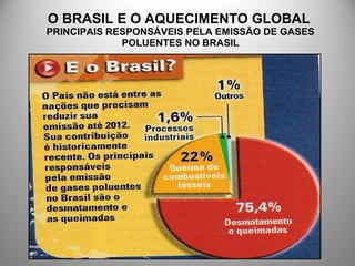 O BRASIL E O AQUECIMENTO GLOBAL
PRINCIPAIS RESPONSÁVEIS PELA EMISSÃO DE GASES
POLUENTES NO BRASIL
 
