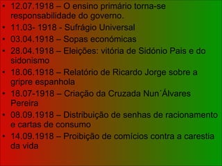12.07.1918 – O ensino primário torna-se responsabilidade do governo. 11.03- 1918 - Sufrágio Universal 03.04.1918 – Sopas económicas 28.04.1918 – Eleições: vitória de Sidónio Pais e do sidonismo 18.06.1918 – Relatório de Ricardo Jorge sobre a gripre espanhola 18.07-1918 – Criação da Cruzada Nun´Álvares Pereira 08.09.1918 – Distribuição de senhas de racionamento e cartas de consumo 14.09.1918 – Proibição de comícios contra a carestia da vida 