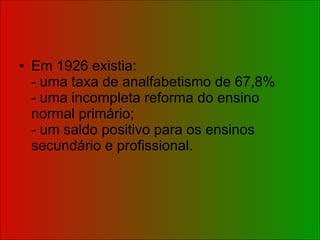 Em 1926 existia: - uma taxa de analfabetismo de 67,8%  - uma incompleta reforma do ensino normal primário; - um saldo positivo para os ensinos secundário e profissional. 