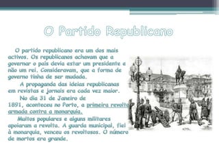  os sucessivos governos da monarquia não conseguiram melhorar as condições de vida do povo.A Questão Africana     África vai dar problemas.     Os países europeus mais industrializados tinham feito  explorações no continente africano para ocupar os territórios ricos  em algodão, café, ouro e diamantes.     A “ partilha de África” estava iminente. Em 1884-85, os países mais interessados em África reuniram-se na Conferência de Berlim. Nessa conferência ficou decidido que as terras africanas ficam para quem as ocupasse efectivamente e que não interessava quem os tinha descoberto.
