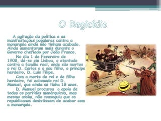 O UltimatoEm 1886, Portugal, para defender os seus interesses, apresentou aos países europeus um mapa (Mapa Cor-de-Rosa), no qual exigia para si os territórios compreendidos entre Angola e Moçambique.      A França e a Alemanha aceitaram, mas Inglaterra não. Em 1890, Inglaterra apresentou ao rei D. Carlos um Ultimato: ou Portugal desocupava os territórios compreendidos entre Angola e Moçambique ou declaravam guerra a Portugal. 