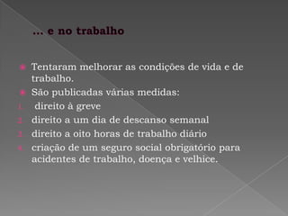    O crescente descontentamento dos PortuguesesAs difíceis condições de vidaNa segunda metade do século XIX,  a vida da população continuava difícil, apesar do desenvolvimento industrial. As fábricas localizavam-se  sobretudo nas regiões de Lisboa e Porto, para construir estradas, pontes, caminhos-de-ferro…
