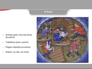 O Povo
- Grande parte vivia nas terras
do senhor
- Trabalham para o senhor
- Pagam impostos ao senhor
- Podem, ou não, ser livres
 