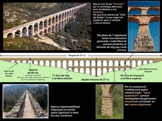 llargada de 217 m.
alçada màxima de 27 m.
25 arcs de mig punt
a la filera superior
11 arcs de mig
a la filera inferior.
Specus
de 80 cm.
presenta un pendent
molt suau, d’un 0,4%, pràcticament idèntic al
que té la totalitat de l'aqüeducte.
Specus impermeabilitzat
mitjançant un morter
(opus signinum) a base
de calç i ceràmica.
Per la construcció
s'utilitzà amb pedra
calcària local i "opus
quadratum", carreus
rectangulars lleugerament
encoixinats col·locats en
sec, sense argamassa.
Els pilars de l’aqüeducte
tenen una estructura
graonada, i cada filera de
carreus presenta un
retrocés de mig peu romà
(15 cm).
Rep el nom de les “Ferreres”.
per la morfologia dels seus
arcs, semblants a una
ferradura.
Pel que fa al malnom de “Pont
del Diable”, el seu origen és
medieval, quan s’atribuïa
l’obra al dimoni.
Salva la vall
d’un petit
barranc.
Dues fileres d’arcs de
mig punt.
 