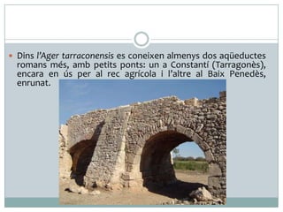  Dins l’Ager tarraconensis es coneixen almenys dos aqüeductes

romans més, amb petits ponts: un a Constantí (Tarragonès),
encara en ús per al rec agrícola i l’altre al Baix Penedès,
enrunat.

 