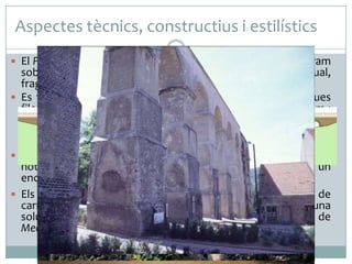 Aspectes tècnics, constructius i estilístics
 El Pont del Diable salva la vall d’un petit barranc. És l’únic tram

sobre pont de tot l’aqüeducte (18 km.) l’ specus del qual,
fragmentàriament conservat, discorria sobre el terreny.
 Es tracta d’un pont de 249 m. de llargada, bastit sobre dues
fileres d’arcades de mig punt, totes de la mateixa llum (5,9 m.:
20 peus romans). Té vint-i-cinc arcs a la fila superior i onze a la
inferior. La distància entre el centre dels pilars és de 26 peus
romans (7,95 m.). L’amplada de l’ intradós és de 1,86 m.
 El pont està realitzat amb carreus isòdoms de dimensions
notables. La cara externa és llisa a nivell dels arcs i presenta un
encoixinat rústic als pilars i les impostes.
 Els pilars tenen una estructura graonada, i cada filera de
carreus presenta un retrocés de mig peu romà (15 cm.). És una
solució poc comú que es troba també a l’aqüeducte de
Mediomatricum (Metz, Lorena, França).

 