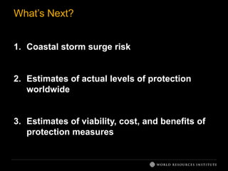 What’s Next?
1. Coastal storm surge risk
2. Estimates of actual levels of protection
worldwide
3. Estimates of viability, cost, and benefits of
protection measures
 