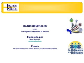 DATOS GENERALES
                          sobre
             el Programa Estado de la Nación


                       Elaborado por
                           Dennis O. Quirós L.
                         quirosleiva@gmail.com



                              Fuente
http://www.estadonacion.or.cr/index.php/apoyo-educativo/presentac-mediadas
 