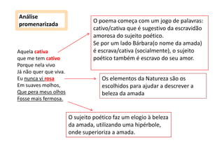 Análise
promenarizada

Aquela cativa
que me tem cativo
Porque nela vivo
Já não quer que viva.
Eu nunca vi rosa
Em suaves molhos,
Que pera meus olhos
Fosse mais fermosa.

O poema começa com um jogo de palavras:
cativo/cativa que é sugestivo da escravidão
amorosa do sujeito poético.
Se por um lado Bárbara(o nome da amada)
é escrava/cativa (socialmente), o sujeito
poético também é escravo do seu amor.
Os elementos da Natureza são os
escolhidos para ajudar a descrever a
beleza da amada

O sujeito poético faz um elogio à beleza
da amada, utilizando uma hipérbole,
onde superioriza a amada.

 