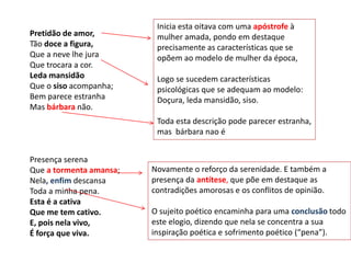 Pretidão de amor,
Tão doce a figura,
Que a neve lhe jura
Que trocara a cor.
Leda mansidão
Que o siso acompanha;
Bem parece estranha
Mas bárbara não.

Inicia esta oitava com uma apóstrofe à
mulher amada, pondo em destaque
precisamente as características que se
opõem ao modelo de mulher da época,
Logo se sucedem características
psicológicas que se adequam ao modelo:
Doçura, leda mansidão, siso.
Toda esta descrição pode parecer estranha,
mas bárbara nao é

Presença serena
Que a tormenta amansa;
Nela, enfim descansa
Toda a minha pena.
Esta é a cativa
Que me tem cativo.
E, pois nela vivo,
É força que viva.

Novamente o reforço da serenidade. E também a
presença da antítese, que põe em destaque as
contradições amorosas e os conflitos de opinião.
O sujeito poético encaminha para uma conclusão todo
este elogio, dizendo que nela se concentra a sua
inspiração poética e sofrimento poético (“pena”).

 