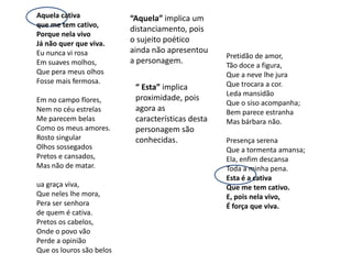 Aquela cativa
que me tem cativo,
Porque nela vivo
Já não quer que viva.
Eu nunca vi rosa
Em suaves molhos,
Que pera meus olhos
Fosse mais fermosa.
Em no campo flores,
Nem no céu estrelas
Me parecem belas
Como os meus amores.
Rosto singular
Olhos sossegados
Pretos e cansados,
Mas não de matar.
ua graça viva,
Que neles lhe mora,
Pera ser senhora
de quem é cativa.
Pretos os cabelos,
Onde o povo vão
Perde a opinião
Que os louros são belos

“Aquela” implica um
distanciamento, pois
o sujeito poético
ainda não apresentou
a personagem.
“ Esta” implica
proximidade, pois
agora as
características desta
personagem são
conhecidas.

Pretidão de amor,
Tão doce a figura,
Que a neve lhe jura
Que trocara a cor.
Leda mansidão
Que o siso acompanha;
Bem parece estranha
Mas bárbara não.
Presença serena
Que a tormenta amansa;
Ela, enfim descansa
Toda a minha pena.
Esta é a cativa
Que me tem cativo.
E, pois nela vivo,
É força que viva.

 