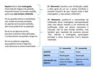 Aquela triste e leda madrugada,             1º. Momento: constitui uma introdução, expõe
cheia toda de mágoa e de piedade,           a ideia geral de um eu: o poeta manifesta a
enquanto houver no mundo saudade,           vontade (“quero”) de que “aquela triste e leda
quero que seja sempre celebrada.            madrugada (…) seja sempre celebrada”;

Ela só, quando amena e marchetada            2º. Momento: justifica-se a necessidade da
saía, dando ao mundo claridade,              celebração dessa madrugada, correspondendo
viu apartar-se d`ua outra vontade,           cada uma dessas estrofes a um momento da
que nunca poderá ver-se apartada.            justificação. Cada um desses momentos é
                                             marcado, não só pela divisão estrófica, mas
Ela só viu as lágrimas em fio,               também pela repetição do pronome pessoal
que duns e doutros olhos derivadas,          “Ela”, referido à madrugada, personagem
s`acrescentaram em grande e largo rio;       principal e única testemunha (“viu”) daquela
                                             separação.
Ela viu as palavras magoadas,
que puderam tornar o fogo frio,
e dar descanso as almas condenadas.
                                                         1º. momento       2º. momento
                                         SUJEITO         Poeta             Poeta
                                         OBJETO          Madrugada         Separação
                                                         triste e leda,    lágrimas em fio,
                                         DESCRIÇÃO DO
                                                         cheia de mágoa    palavras
                                         OBJETO
                                                         piedosa           magoadas
 