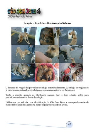 Resgate – Brooklin – Rua Joaquim Nabuco




O horário do resgate foi por volta de 17h30 aproximadamente. Às 18h30 os resgatados
já estavam confortavelmente abrigados em nosso escritório no Jabaquara.

Tanto a mamãe quando os filhotinhos passam bem e logo estarão aptos para
participarem de nossas feiras de adoção.

Utilizamos um veículo com identificação do Cão Sem Dono e acompanhamento de
funcionários usando a camiseta com o logotipo do Cão Sem Dono.




                                                              22
 