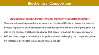 Biochemical Composition
Composition of aqueous humour: Anterior chamber versus posterior chamber
• The composition of aqueous humour in anterior chamber differs from that of the aqueous
humour in posterior chamber because it depends not only on the nature of production but
also on the constant metabolic interchange that occurs throughout its intraocular course
• Diffusional exchange across the iris is a significant factor in changing the composition, since
iris vessels are permeable to anions and non-electrolyte
 