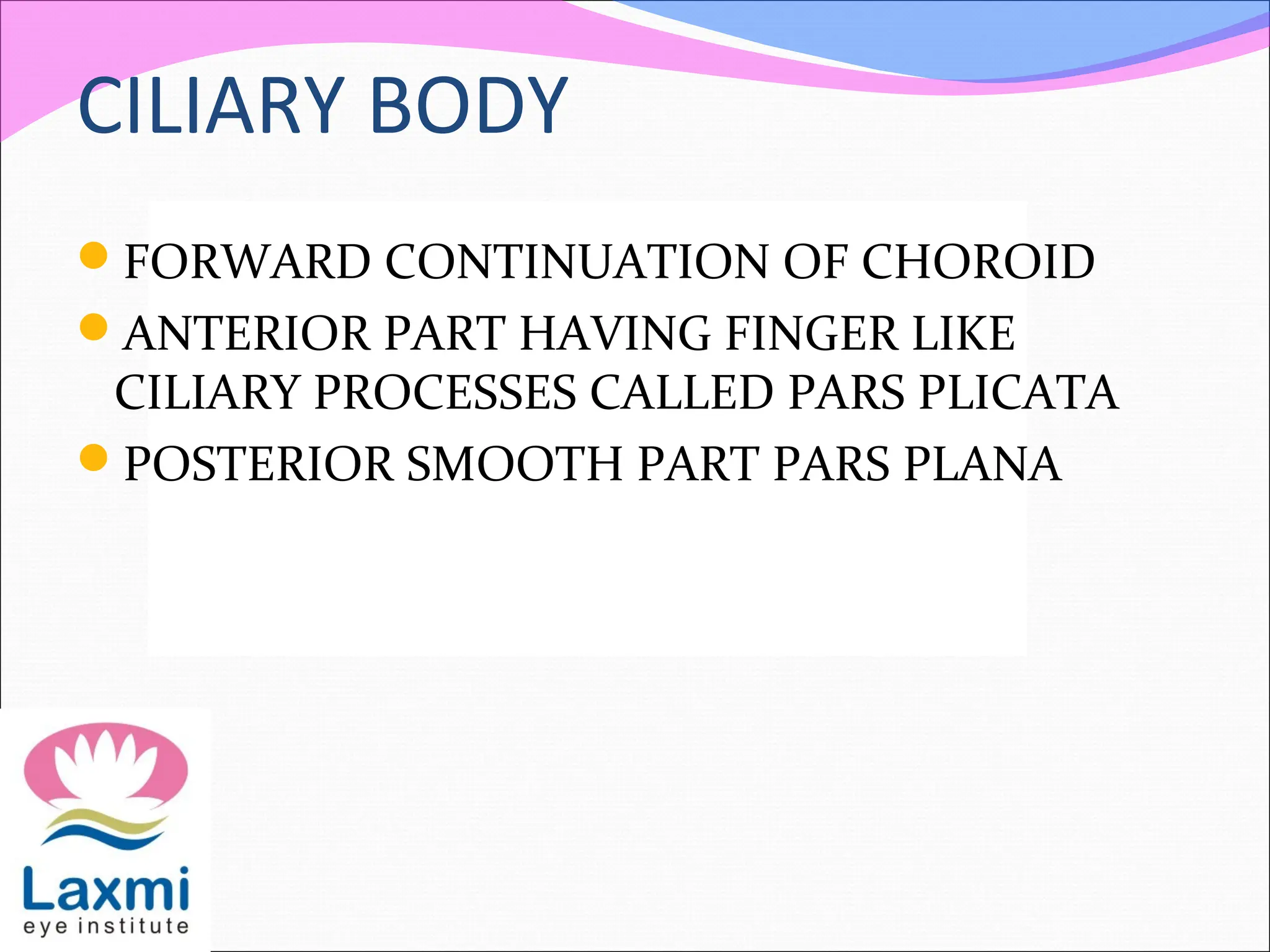 CILIARY BODY
FORWARD CONTINUATION OF CHOROID
ANTERIOR PART HAVING FINGER LIKE
CILIARY PROCESSES CALLED PARS PLICATA
POSTERIOR SMOOTH PART PARS PLANA
 