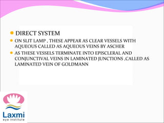 DIRECT SYSTEM
ON SLIT LAMP , THESE APPEAR AS CLEAR VESSELS WITH
AQUEOUS CALLED AS AQUEOUS VEINS BY ASCHER
AS THESE VESSELS TERMINATE INTO EPISCLERAL AND
CONJUNCTIVAL VEINS IN LAMINATED JUNCTIONS ,CALLED AS
LAMINATED VEIN OF GOLDMANN
 
