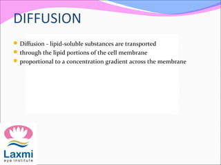 DIFFUSION
Diffusion - lipid-soluble substances are transported
through the lipid portions of the cell membrane
proportional to a concentration gradient across the membrane
 