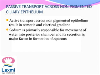 PASSIVE TRANSPORT ACROSS NON PIGMENTED
CILIARY EPITHELIUM
Active transport across non pigmented epithelium
result in osmotic and electical gradient
Sodium is primarily responsible for movement of
water into posterior chamber and its secretion is
major factor in formation of aqueous
 