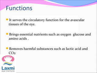 Functions
It serves the circulatory function for the avascular
tissues of the eye.
Brings essential nutrients such as oxygen glucose and
amino acids .
Removes harmful substances such as lactic acid and
CO2
 