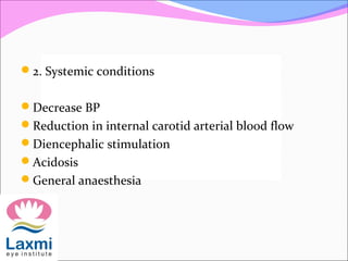 2. Systemic conditions
Decrease BP
Reduction in internal carotid arterial blood flow
Diencephalic stimulation
Acidosis
General anaesthesia
 
