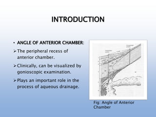 INTRODUCTION
• ANGLE OF ANTERIOR CHAMBER:
The peripheral recess of
anterior chamber.
Clinically, can be visualized by
gonioscopic examination.
Plays an important role in the
process of aqueous drainage.
Fig: Angle of Anterior
Chamber
 