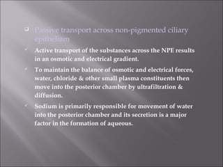  Passive transport across non-pigmented ciliary
epitheliam
 Active transport of the substances across the NPE results
in an osmotic and electrical gradient.
 To maintain the balance of osmotic and electrical forces,
water, chloride & other small plasma constituents then
move into the posterior chamber by ultrafiltration &
diffusion.
 Sodium is primarily responsible for movement of water
into the posterior chamber and its secretion is a major
factor in the formation of aqueous.
 