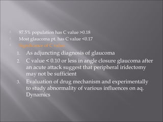  97.5% population has C value >0.18
 Most glaucoma pt. has C value <0.17
 Significance of C value
1. As adjuncting diagnosis of glaucoma
2. C value < 0.10 or less in angle closure glaucoma after
an acute attack suggest that peripheral iridectomy
may not be sufficient
3. Evaluation of drug mechanism and experimentally
to study abnormality of various influences on aq.
Dynamics
 