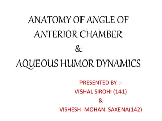 ANATOMY OF ANGLE OF
ANTERIOR CHAMBER
&
AQUEOUS HUMOR DYNAMICS
PRESENTED BY :-
VISHAL SIROHI (141)
&
VISHESH MOHAN SAXENA(142)
 
