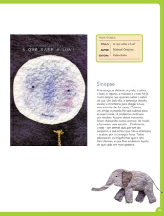 FICHA TÉCNICA

   TÍTULO   A que sabe a lua?

   AUTOR    Michael Grejniec

 EDITORA    Kalandraka




Sinopse
A tartaruga, o elefante, a girafa, a zebra,
o leão, o raposo, o macaco e o rato há já
muito tempo que queriam saber o sabor
da Lua. Um belo dia, a tartaruga decidiu
escalar a montanha para chegar à Lua,
mas sozinha não foi capaz. Chamou
um amigo e propôs-lhe que subisse para
as suas costas. O problema continuou
por resolver. A partir desse momento,
foram chamando outros animais, de modo
a formarem uma escada… Finalmente,
o rato – um animal que, por ser tão
pequeno, a Lua achou que não a alcançaria
– acabou por o conseguir fazer. Todos
saborearam as migalhinhas que o rato
lhes ofereceu e que lhes souberam àquilo
de que cada um mais gostava.




                                              03
 