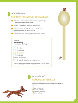 Actividade 6
PARTILHAR > ESCOLHER > ESCREVER/LER
1 Perguntar a cada criança qual o sabor que gostaria que
    a Lua tivesse se a pudesse provar.

2   Registar a preferência das crianças numa lista.

3   Escrever receitas do Bolo da Lua, de acordo com
    os sabores preferidos pelas crianças.

4   Confeccionar com as crianças bolos de vários sabores.




    RECEITA
    BOLO DA LUA
    (receita para 15 crianças)


         de açúcar
         de manteiga
                      ovos
         de farinha
     de chá de fermento
         de sopa de chocolate ou morango ou...

    Mistura-se tudo pela ordem dos ingredientes e vai ao forno.




                                    Actividade 7
                                    COMUNICAR > FESTEJAR
                                    Realizar uma festa envolvendo todos na organização
                                    da mesma:

                                    • Fazer os convites
                                    • Expor os trabalhos
                                    • Dramatizar a história
                                    • Comer as luas…




                                                                                         07
 