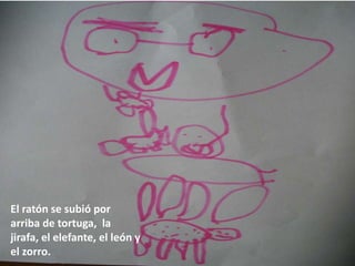 El ratón se subió por
arriba de tortuga, la
jirafa, el elefante, el león y
el zorro.
 