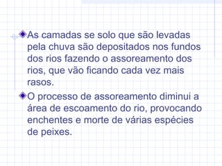 As camadas se solo que são levadas
pela chuva são depositados nos fundos
dos rios fazendo o assoreamento dos
rios, que vão ficando cada vez mais
rasos.
O processo de assoreamento diminui a
área de escoamento do rio, provocando
enchentes e morte de várias espécies
de peixes.
 