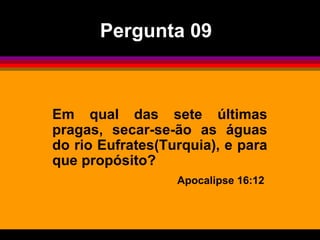 Em qual das sete últimas pragas, secar-se-ão as águas do rio Eufrates(Turquia), e para que propósito? Apocalipse 16:12  Pergunta 09 