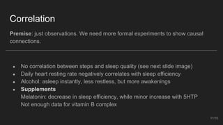 Correlation
Premise: just observations. We need more formal experiments to show causal
connections.
● No correlation between steps and sleep quality (see next slide image)
● Daily heart resting rate negatively correlates with sleep efficiency
● Alcohol: asleep instantly, less restless, but more awakenings
● Supplements
Melatonin: decrease in sleep efficiency, while minor increase with 5HTP
Not enough data for vitamin B complex
11/15
 