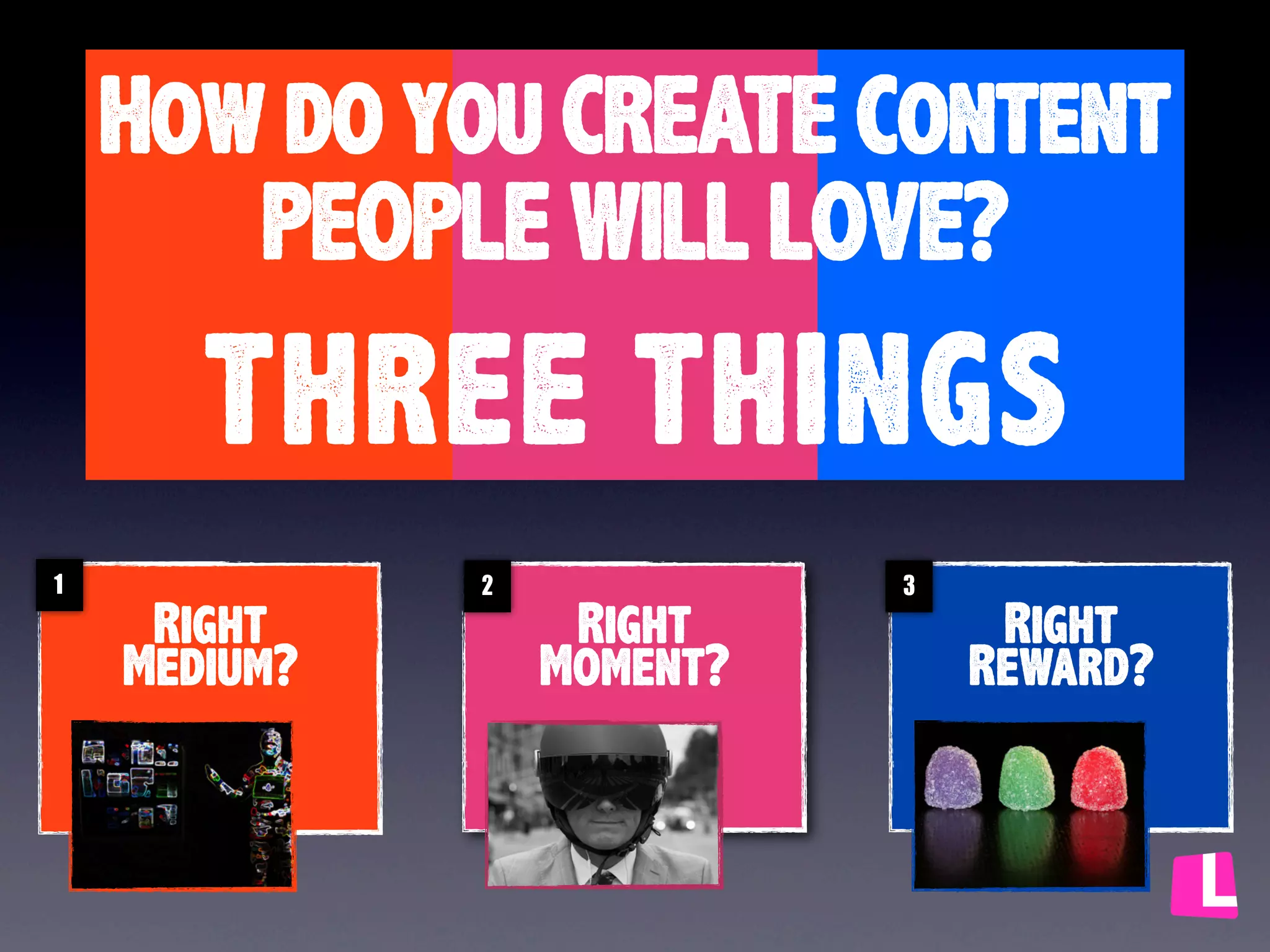How do you CREATE Content
PEOPLE WILL LOVE?

THREE THINGS
1

Right
Medium?

2

Right
Moment?

3

Right
Reward?

 