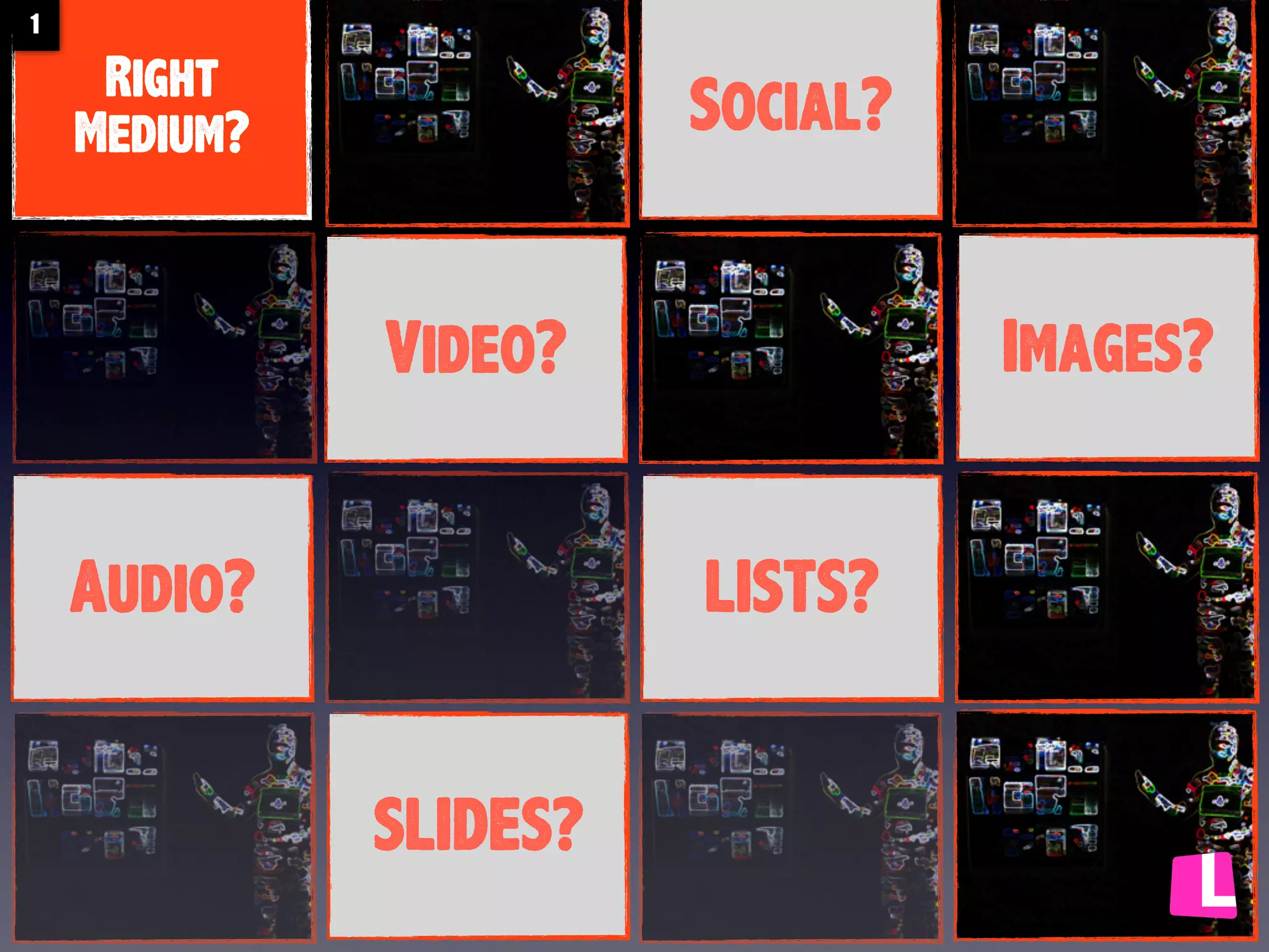 1

Right
Medium?

Social?
Images?

Video?
Audio?

LISTS?
SLIDES?

 