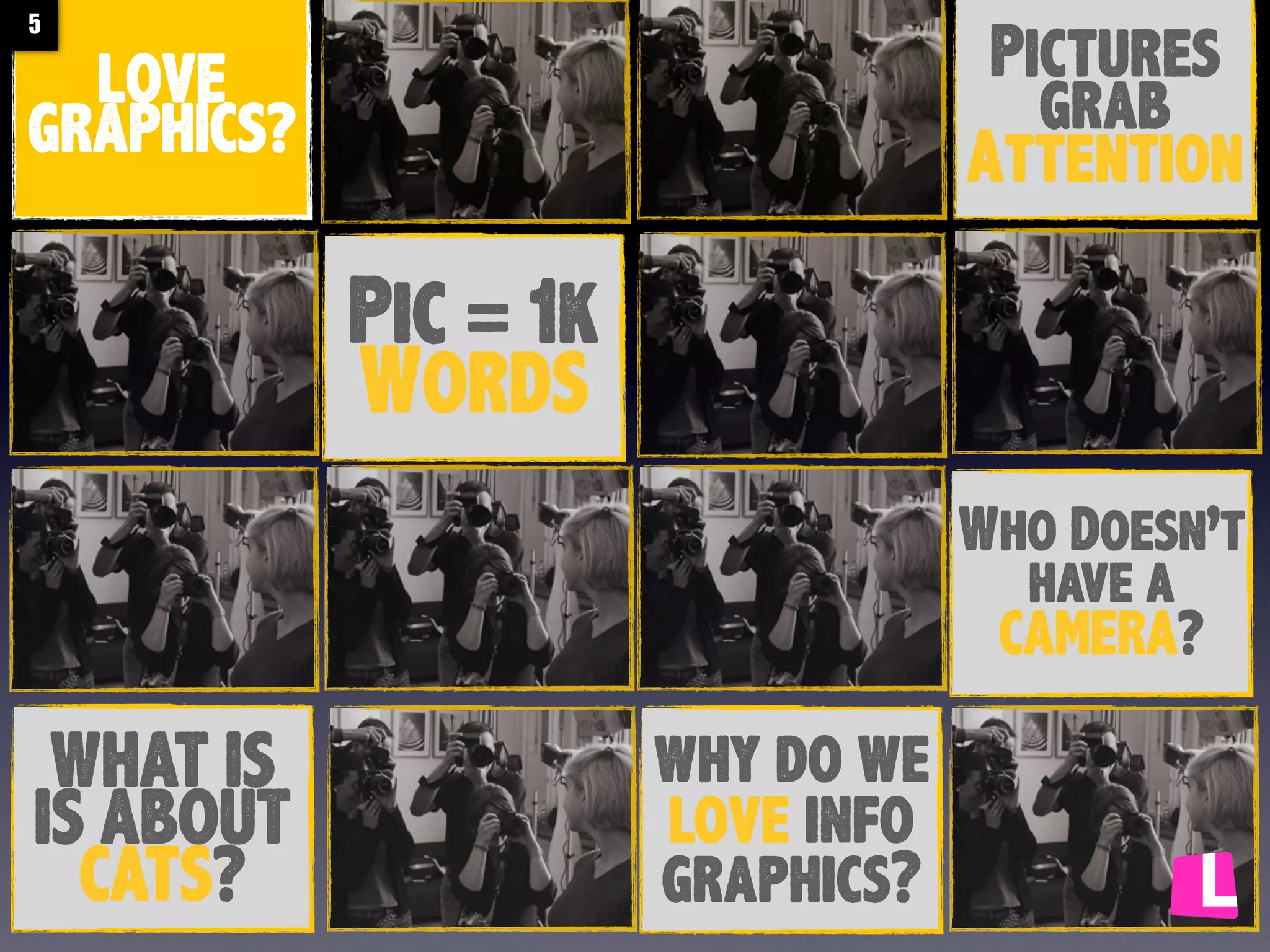 Pictures
grab
Attention

5

LOVE
GRAPHICS?

Pic = 1k
Words
Who Doesn’t
have a
CAMERA?

WHAT IS
IS ABOUT
CATS?

why do we
love info
graphics?

 