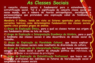 As Classes Sociais
•   O conceito classes sociais é fundamental para o entendimento da
    estratificação social. Tal é a significação do conceito classe social em
    nosso mundo, que o número de teorias antropológicas, sociológicas e
    parassociológica que pretendem uma explicação cabal do fenômeno é
    extraordinário.
•   Mendieta Y Núnez, tendo em vista os fatores apontados pelas diversas
    correntes teóricas como determinantes fundamentais das classes sociais,
    aponta cinco grandes grupos de análise.
•   1) Grupo de Explicação Étnica, para o qual as classes teriam sua origem e
    seu fundamento último na luta de raças.
•   2) Grupo de Explicação e Interpretação Econômica da História, para o qual
    o fenômeno das classes sociais é uma decorrência da divisão social do
    trabalho.
•   3) Grupo de Explicação da Pluralidade Cultural, que busca explicar o
    fenômeno das classes sociais como resultante da diversidade da cultura.
•   4) Grupo de Explicação da interpretação Política,que busca compreender a
    questão da classe social a partir da situação política dos indivíduos, as
    relações de poder e os sistemas de privilégios.
•   5) Grupo de Explicação da Estratificação Profissional, que busca ver na
    ocupação profissional dos indivíduos os fatores de hierarquização social e
    surgimento de classes sociais
 