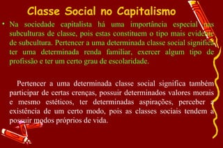 Classe Social no Capitalismo
• Na sociedade capitalista há uma importância especial nas
  subculturas de classe, pois estas constituem o tipo mais evidente
  de subcultura. Pertencer a uma determinada classe social significa
  ter uma determinada renda familiar, exercer algum tipo de
  profissão e ter um certo grau de escolaridade.

    Pertencer a uma determinada classe social significa também
  participar de certas crenças, possuir determinados valores morais
  e mesmo estéticos, ter determinadas aspirações, perceber a
  existência de um certo modo, pois as classes sociais tendem a
  possuir modos próprios de vida.
 