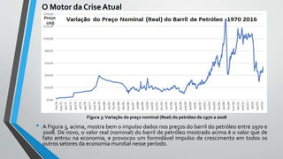 O Motor da Crise Atual
• A Figura 3, acima, mostra bem o impulso dados nos preços do barril do petróleo entre 1970 e
2008. De novo, o valor real (nominal) do barril de petróleo mostrado acima é o valor que de
fato entrou na economia, e provocou um formidável impulso de crescimento em todos os
outros setores da economia mundial nesse período.
Figura 3:Variação do preço nominal (Real) do petróleo de 1970 a 2008
 